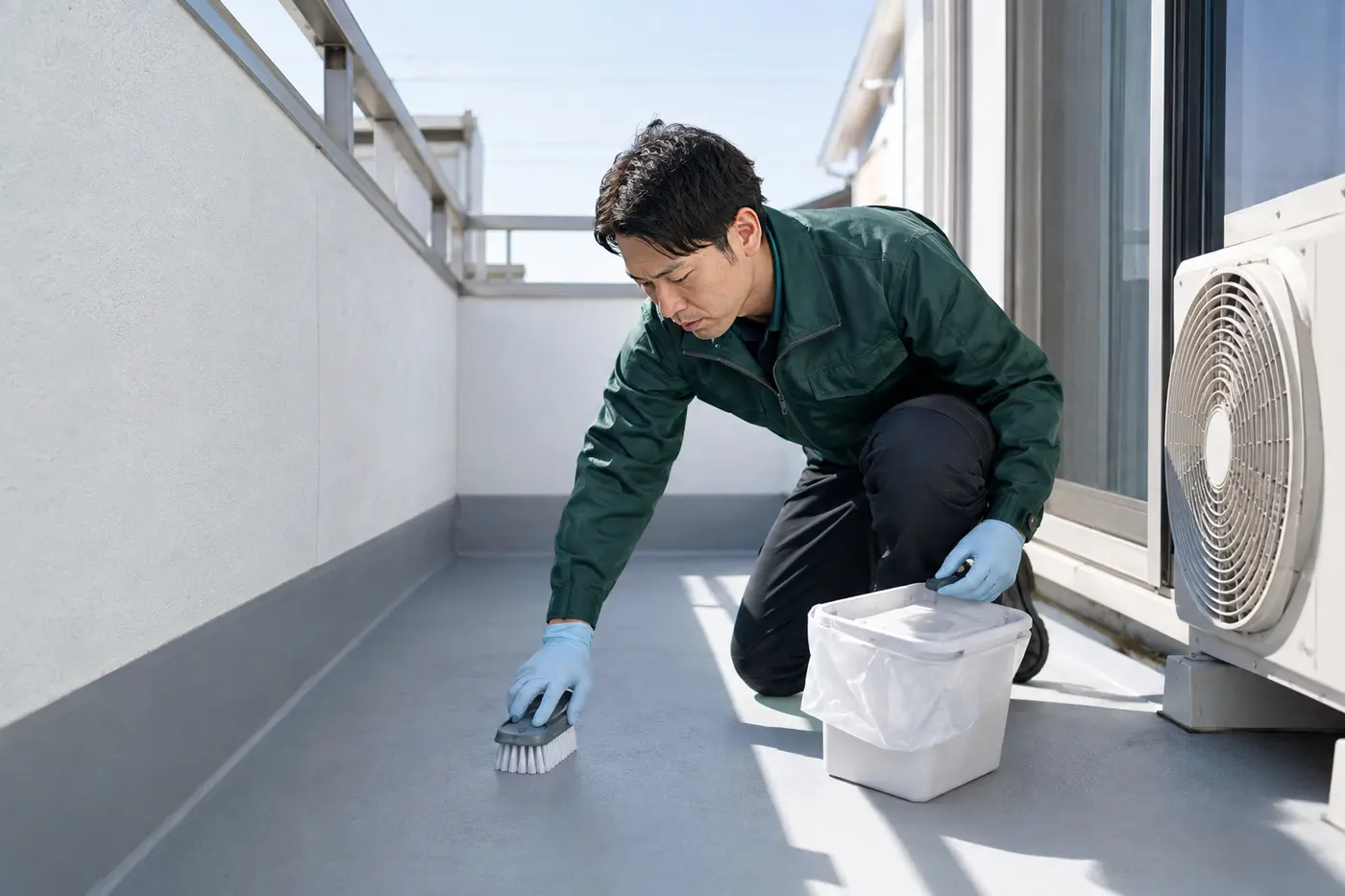 ベランダを清掃する害鳥対策スタッフの施工イメージ