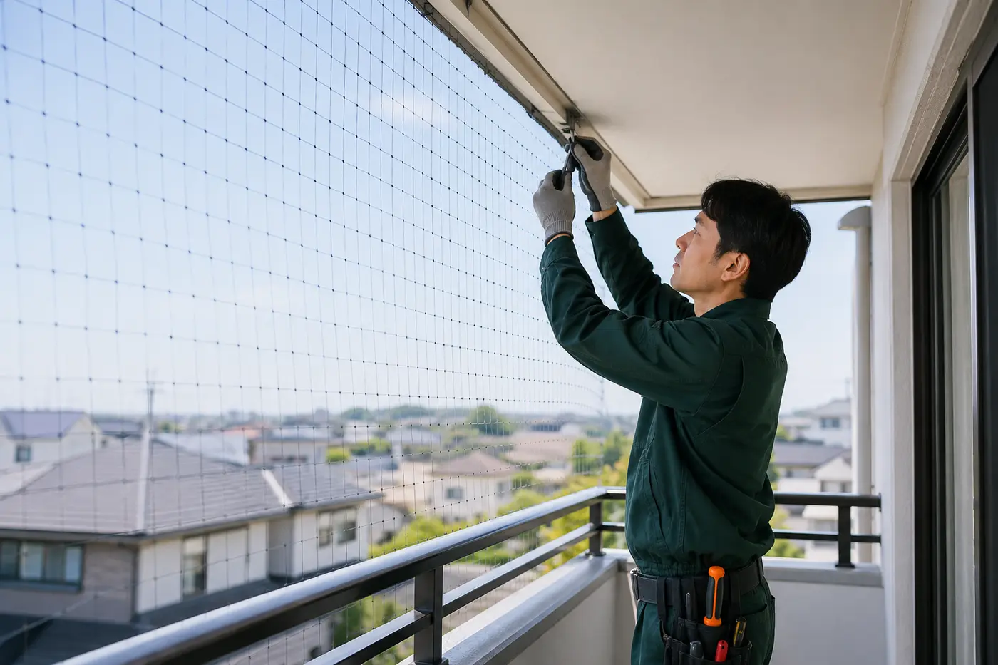 ベランダへ防鳥ネットを設置するスタッフの施工イメージ