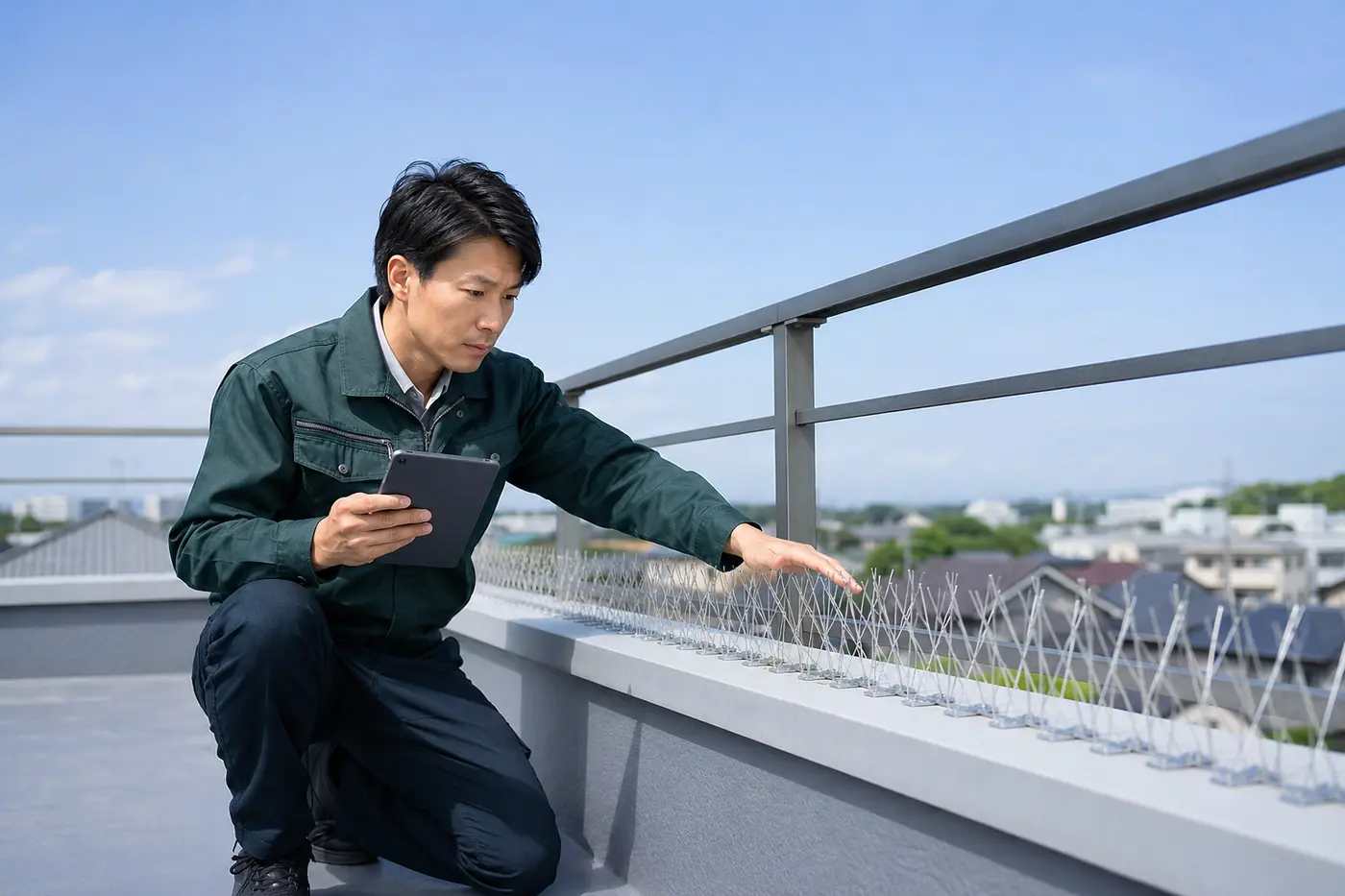 設置した防鳥部材を点検するスタッフの施工イメージ