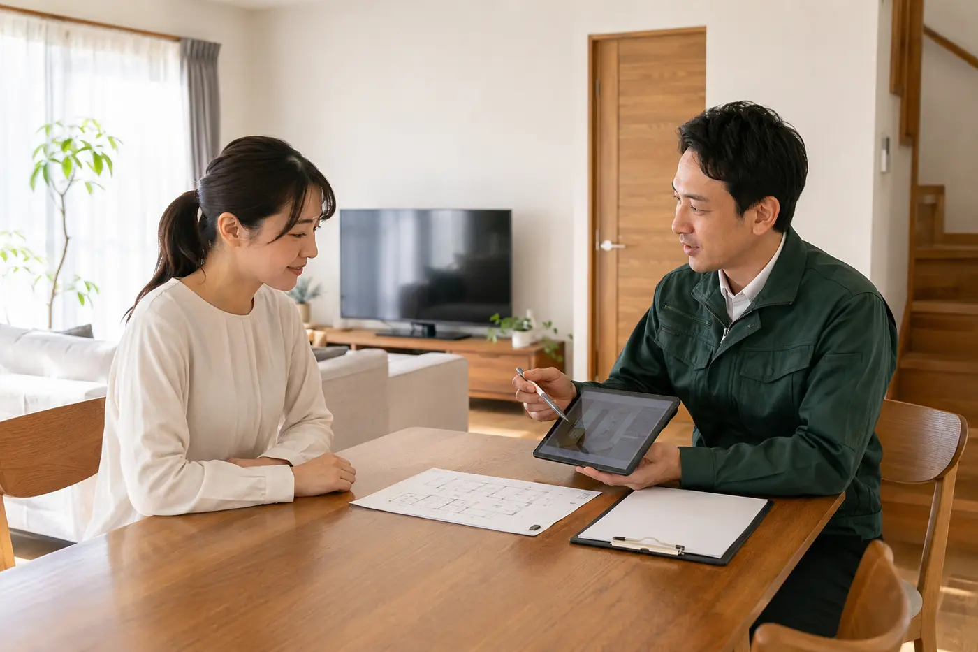 調査内容と見積りをお客様へ説明するスタッフのイメージ