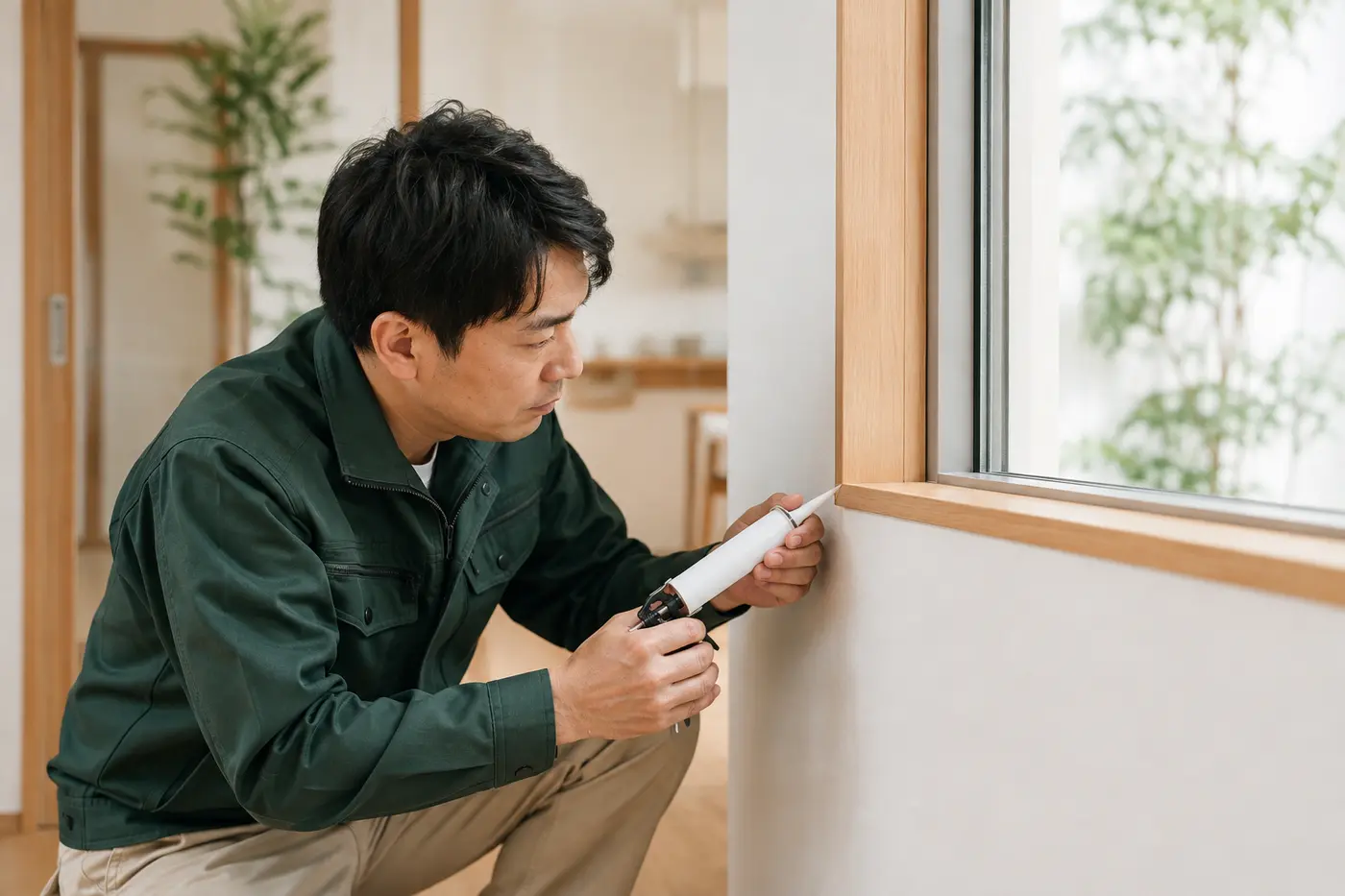 窓まわりを丁寧に補修するスタッフの施工イメージ