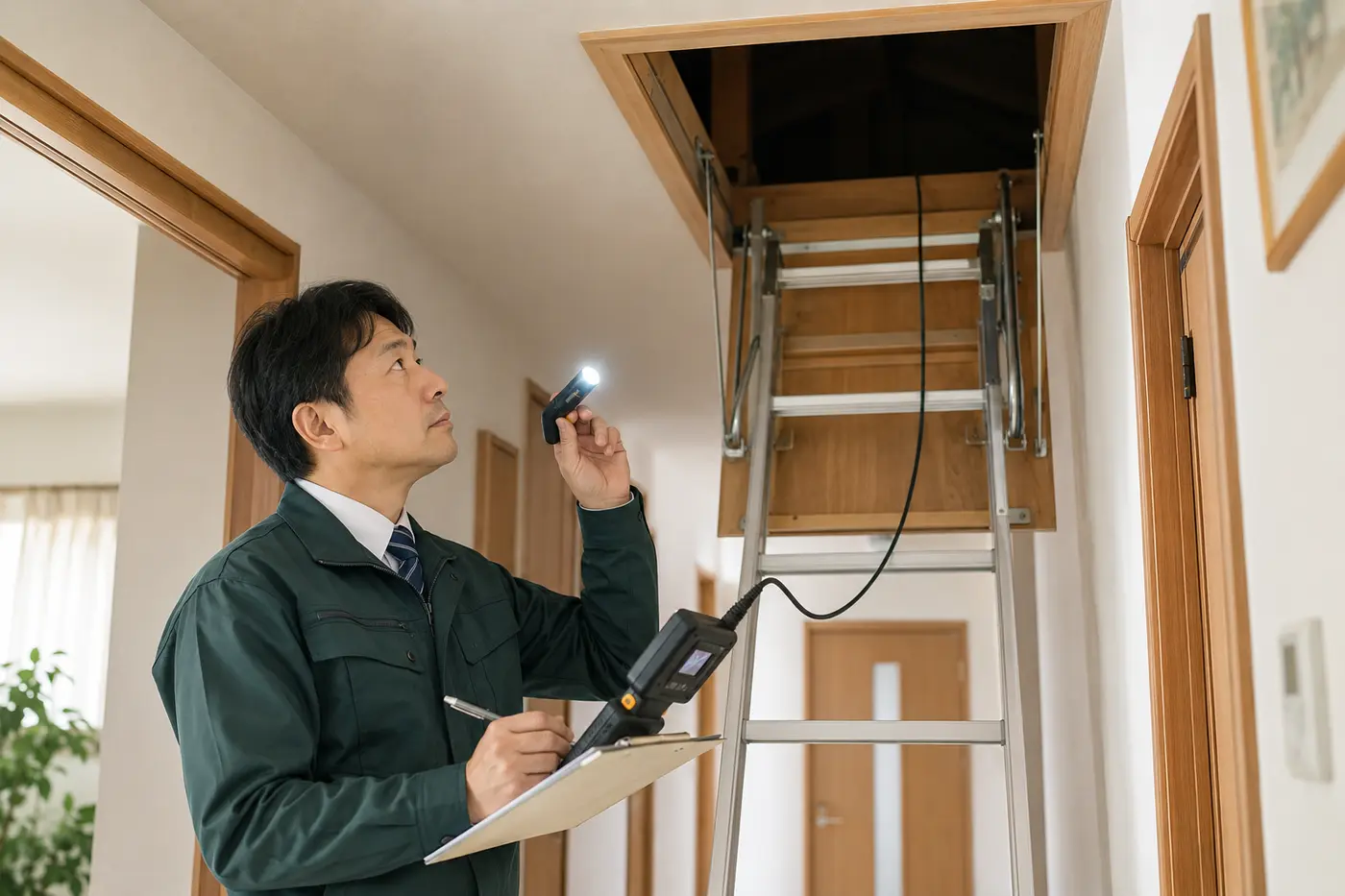 屋根裏を点検するスタッフの施工イメージ