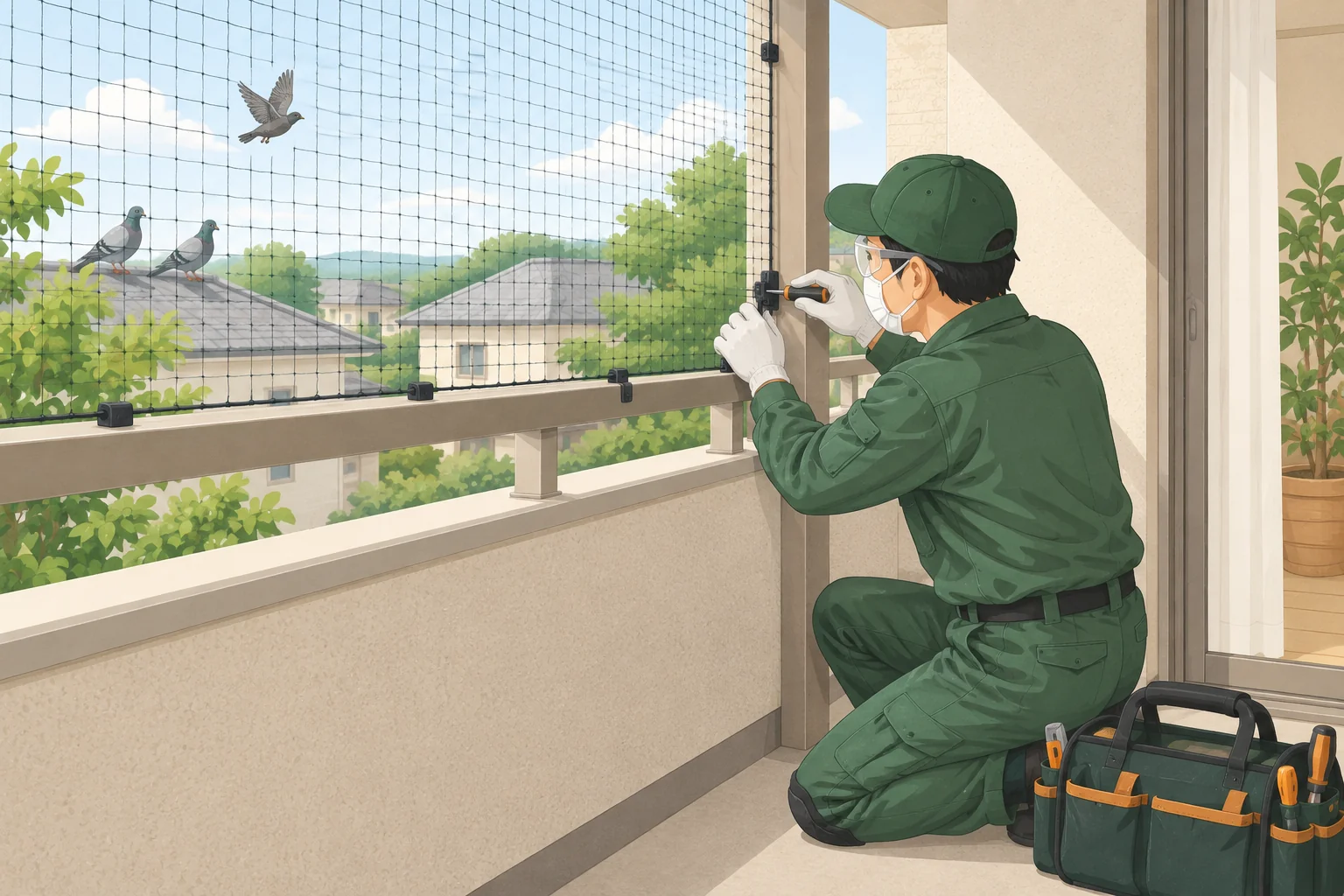 ベランダに鳥の侵入を防ぐネットを取り付ける作業イラスト