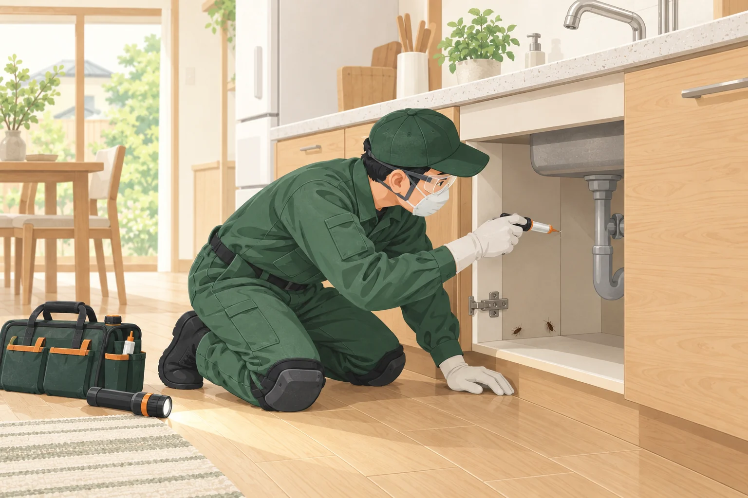 流し台下の隙間にゴキブリ用ベイトを施工する作業イラスト