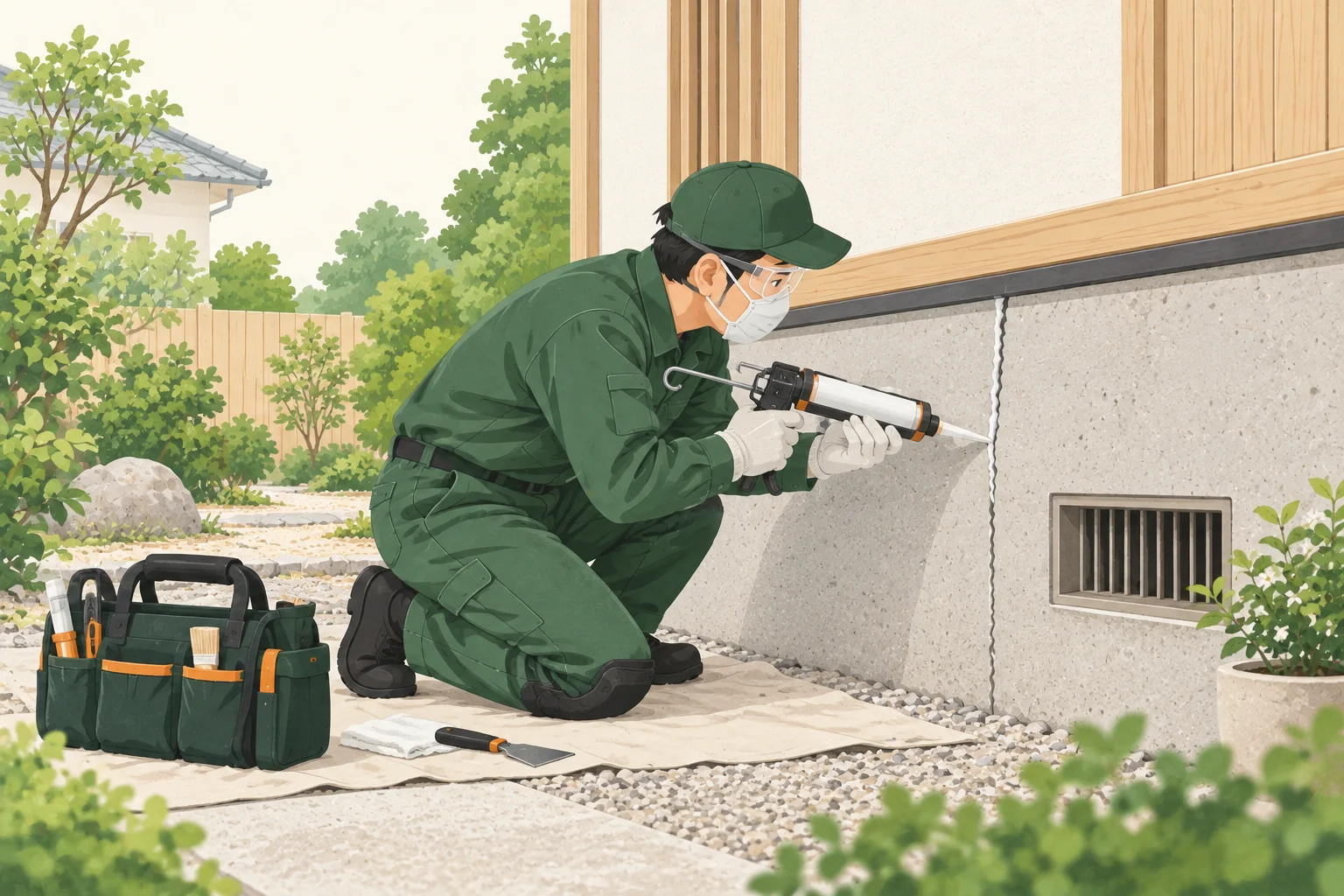 建物外壁のひび割れを補修する作業イラスト
