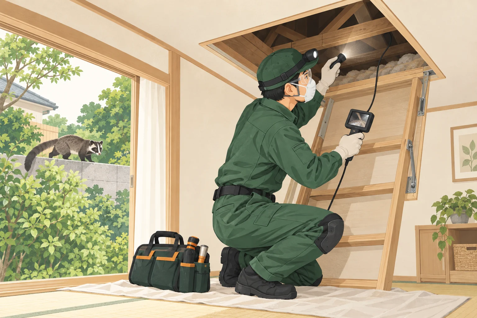ハクビシン対策で屋根裏を調査する作業イラスト