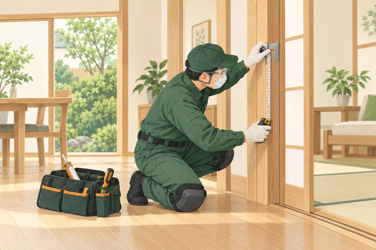 住まいの建具を採寸して確認する修繕作業のイラスト
