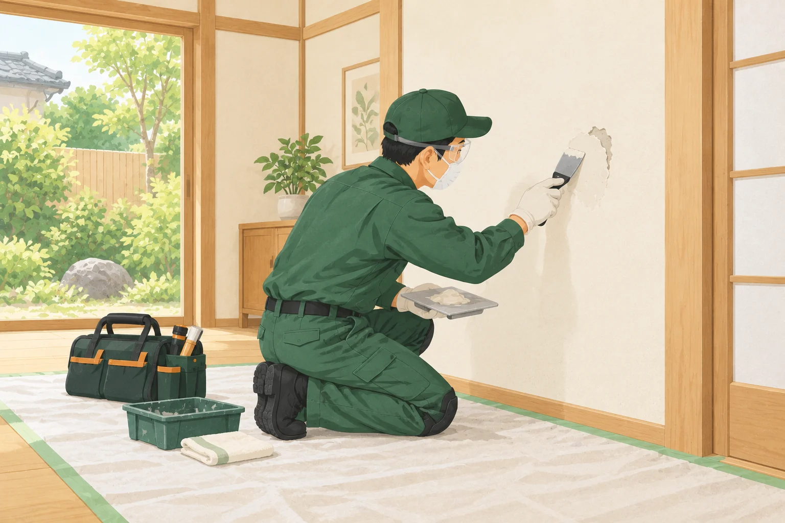 室内の壁を補修する作業イラスト