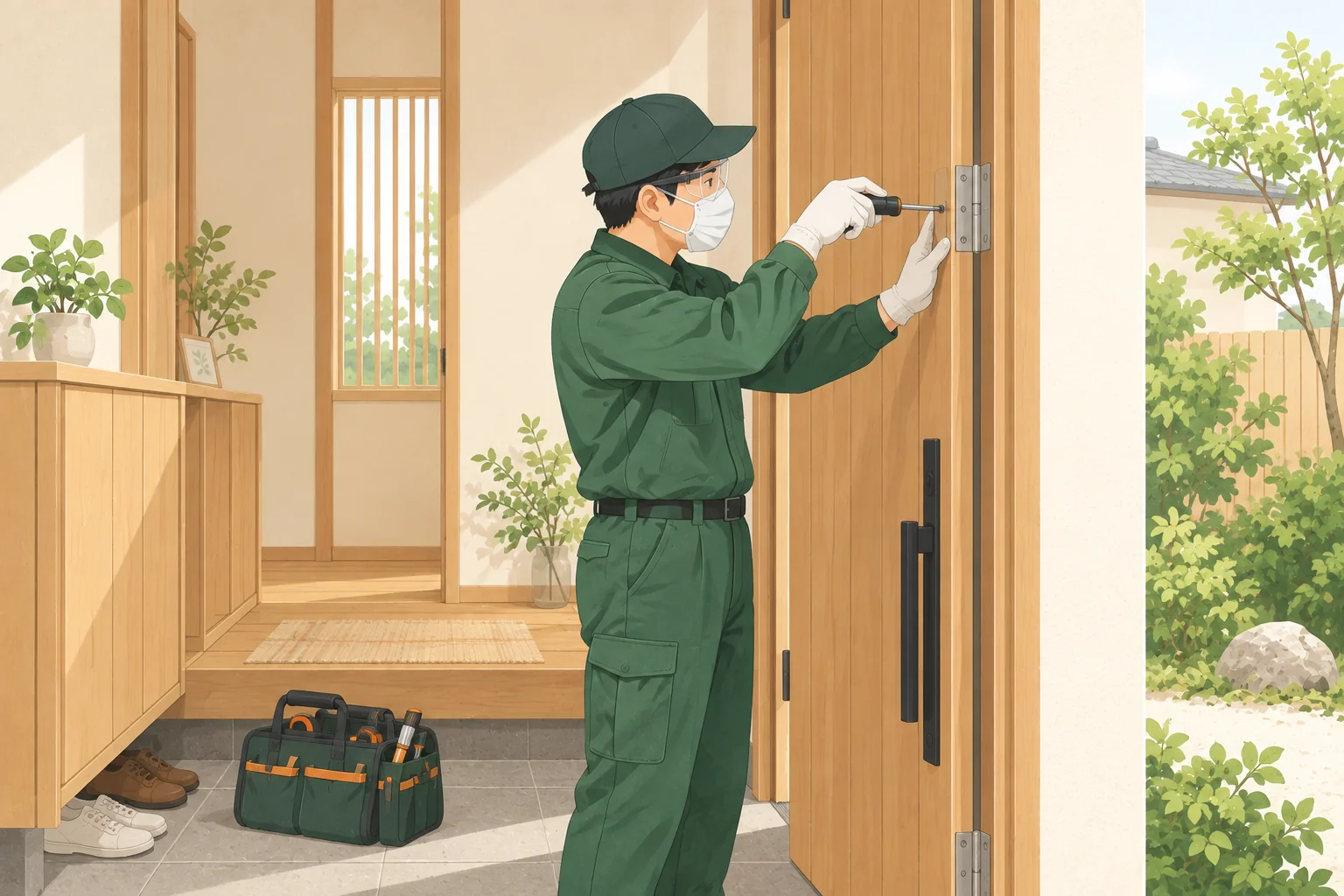 ドアの蝶番を調整する小修繕の作業イラスト