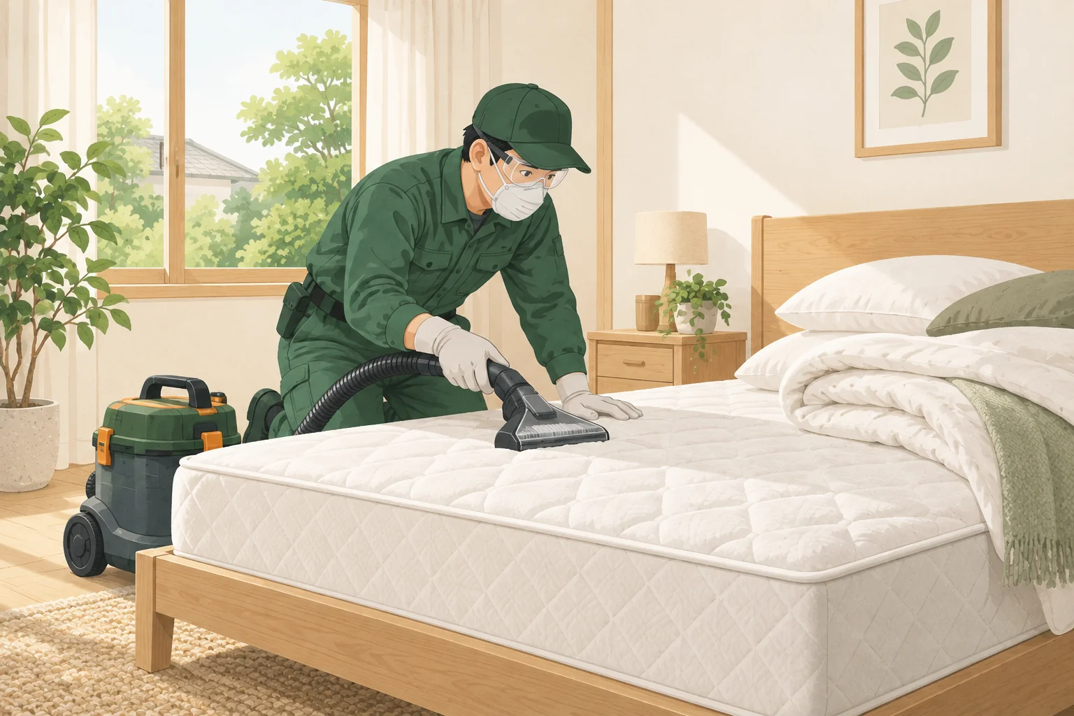 寝具を吸引清掃するダニ対策の作業イラスト