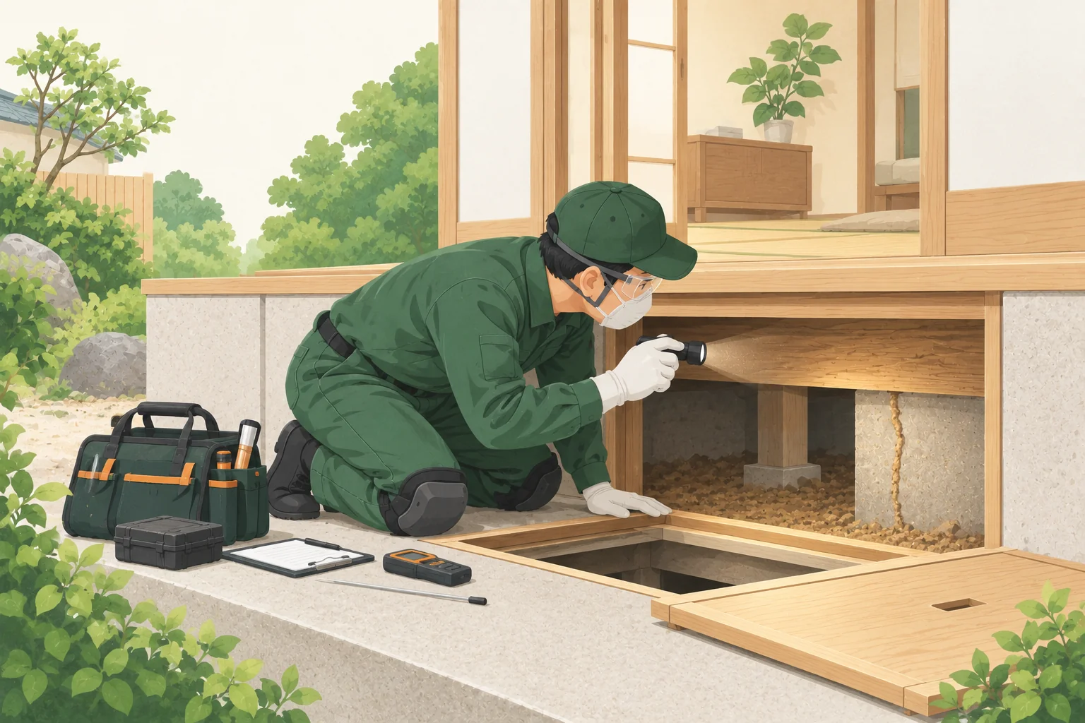 床下の木材と基礎を調べる害虫対策の作業イラスト