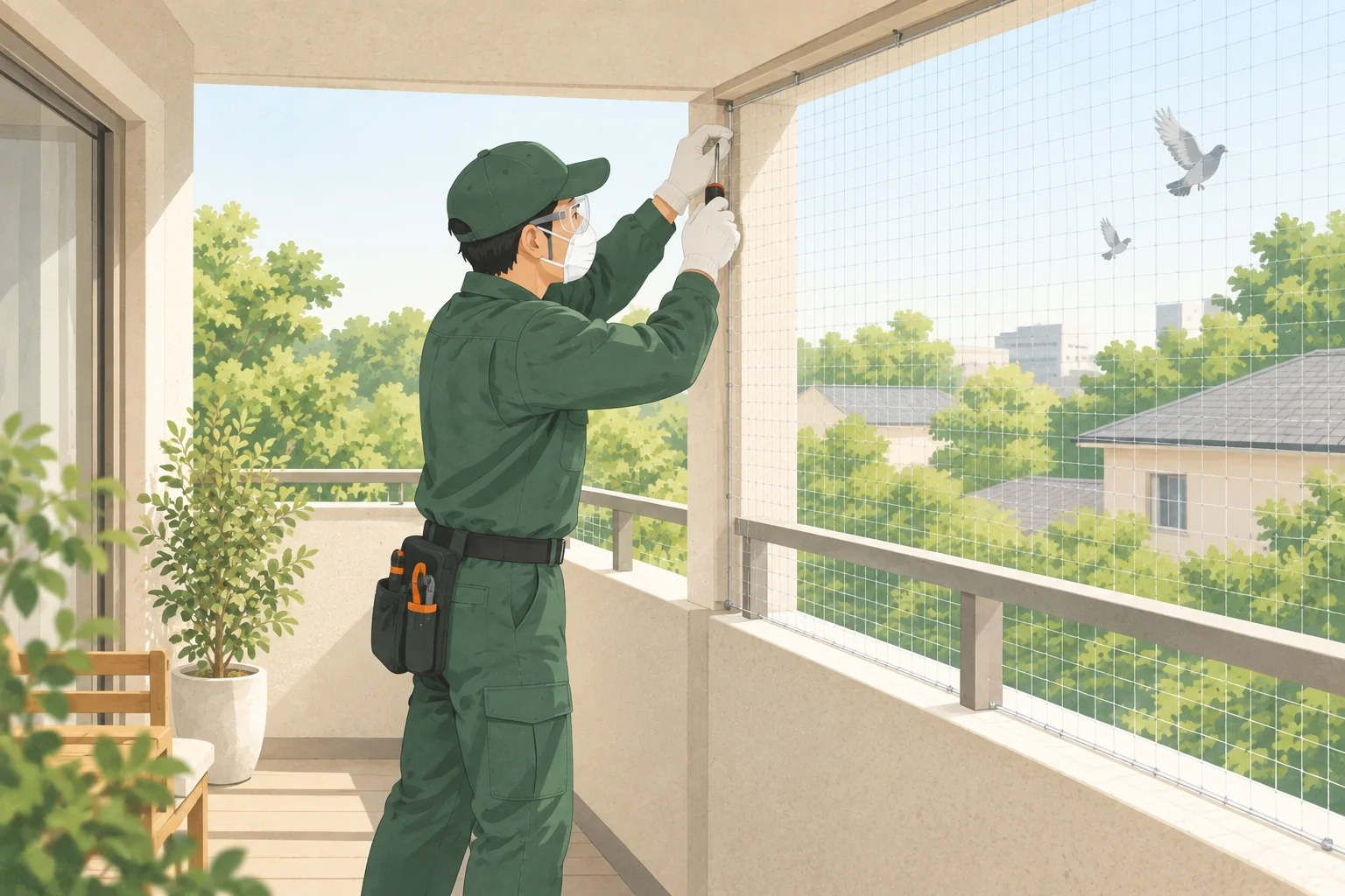ベランダにハト対策ネットを取り付ける作業イラスト