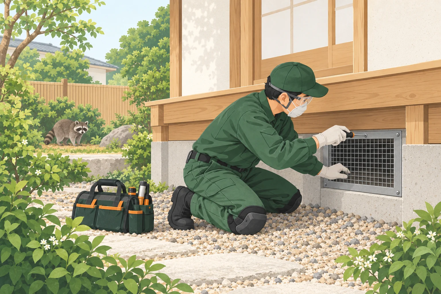 アライグマの侵入を防ぐ金網を取り付ける作業イラスト