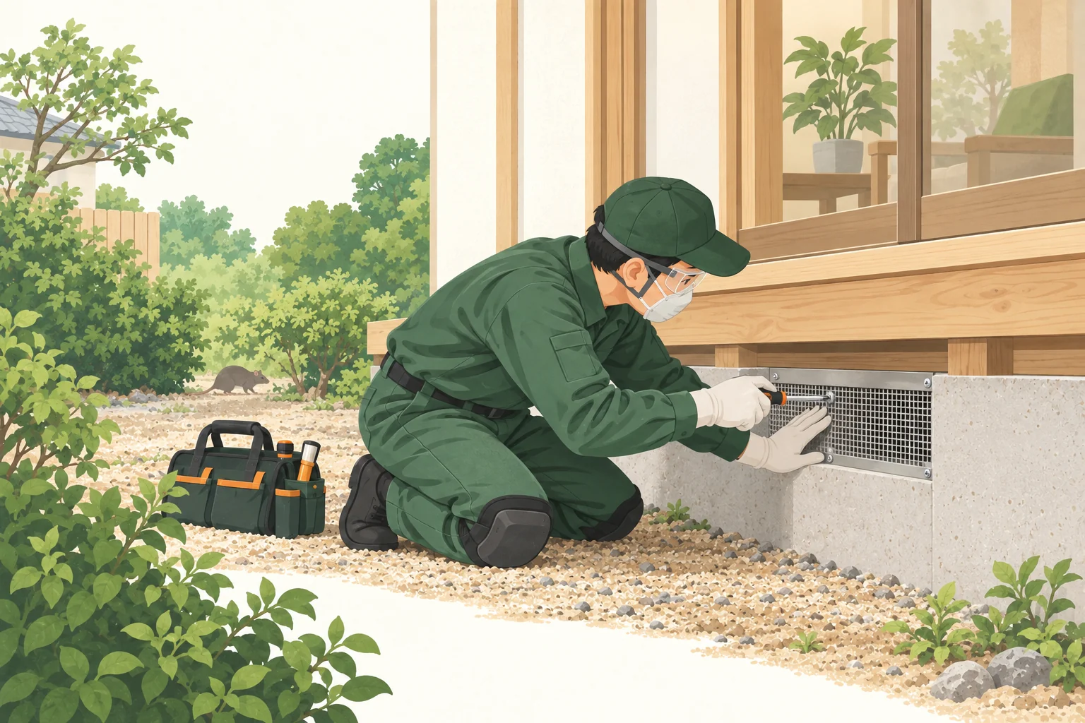 ネズミの侵入口を金網で封鎖する作業イラスト