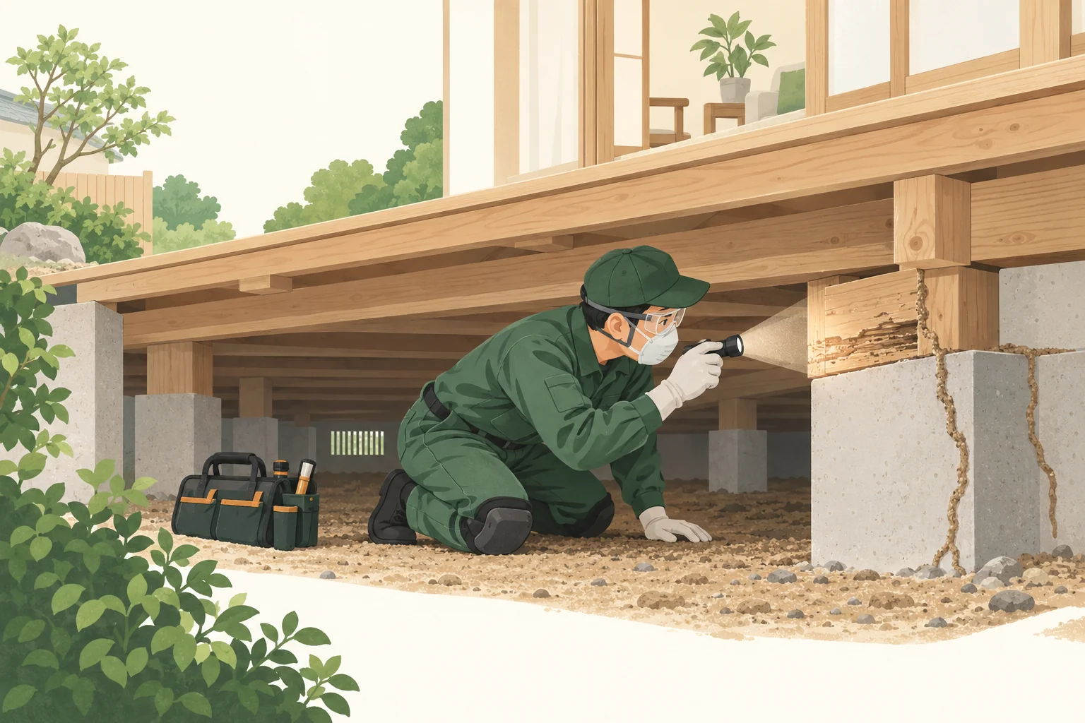 床下の木材と蟻道を点検するシロアリ対策の作業イラスト
