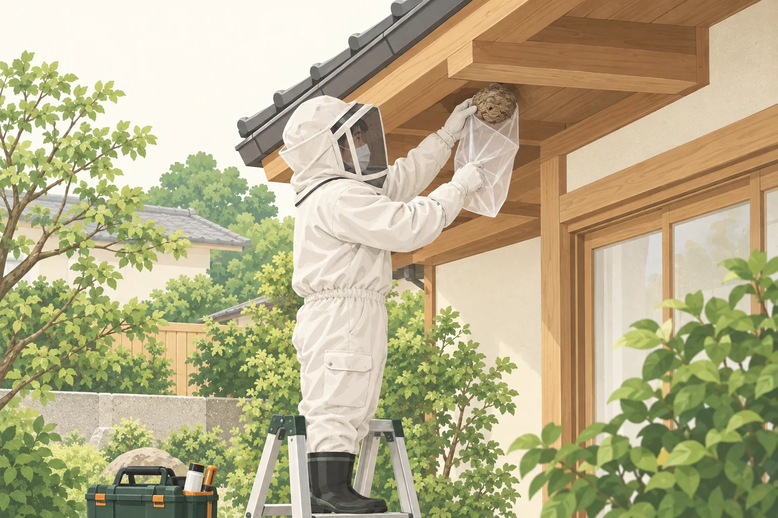 防護服を着用して蜂の巣を撤去する作業イラスト