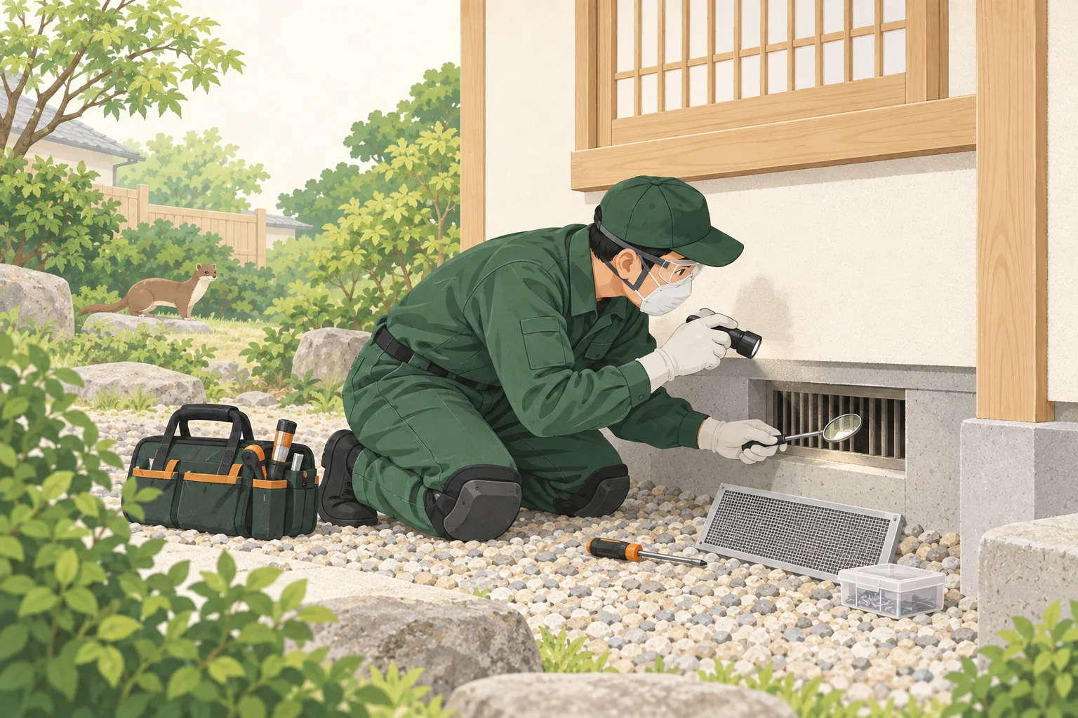 イタチの侵入箇所を点検する作業イラスト