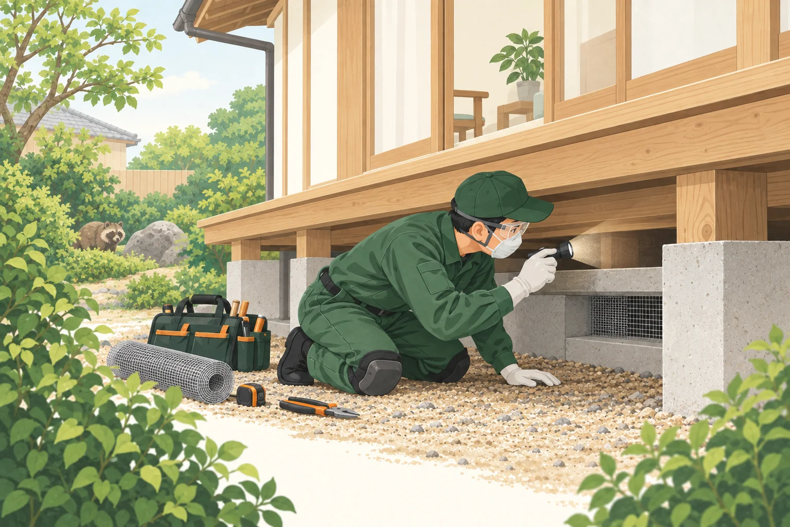 建物外周の侵入口を調査する害獣対策の作業イラスト