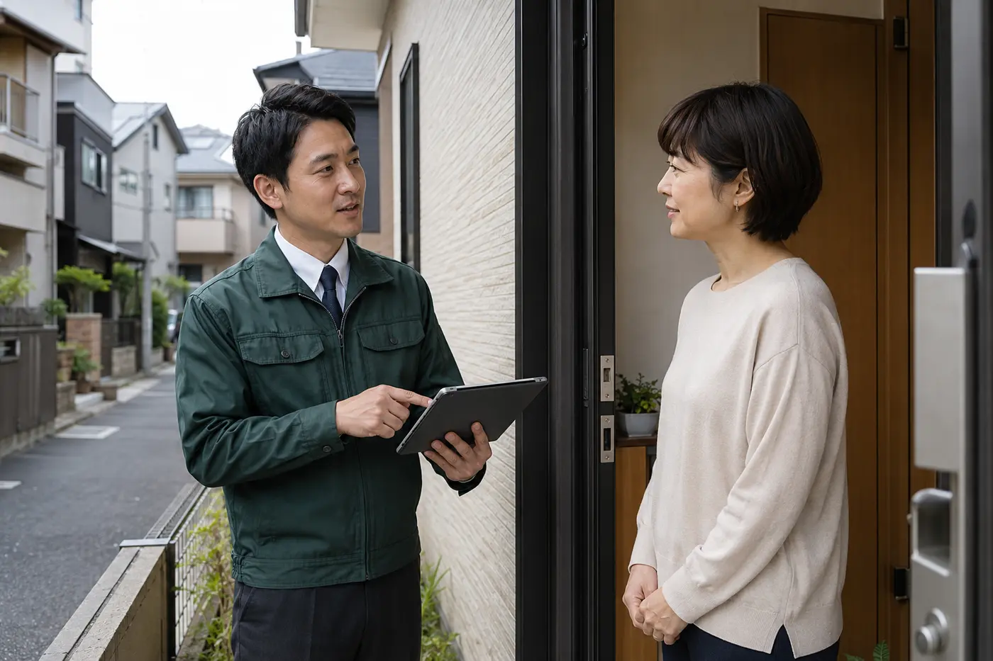 関東の住宅玄関で調査内容を確認するスタッフとお客様の対応イメージ