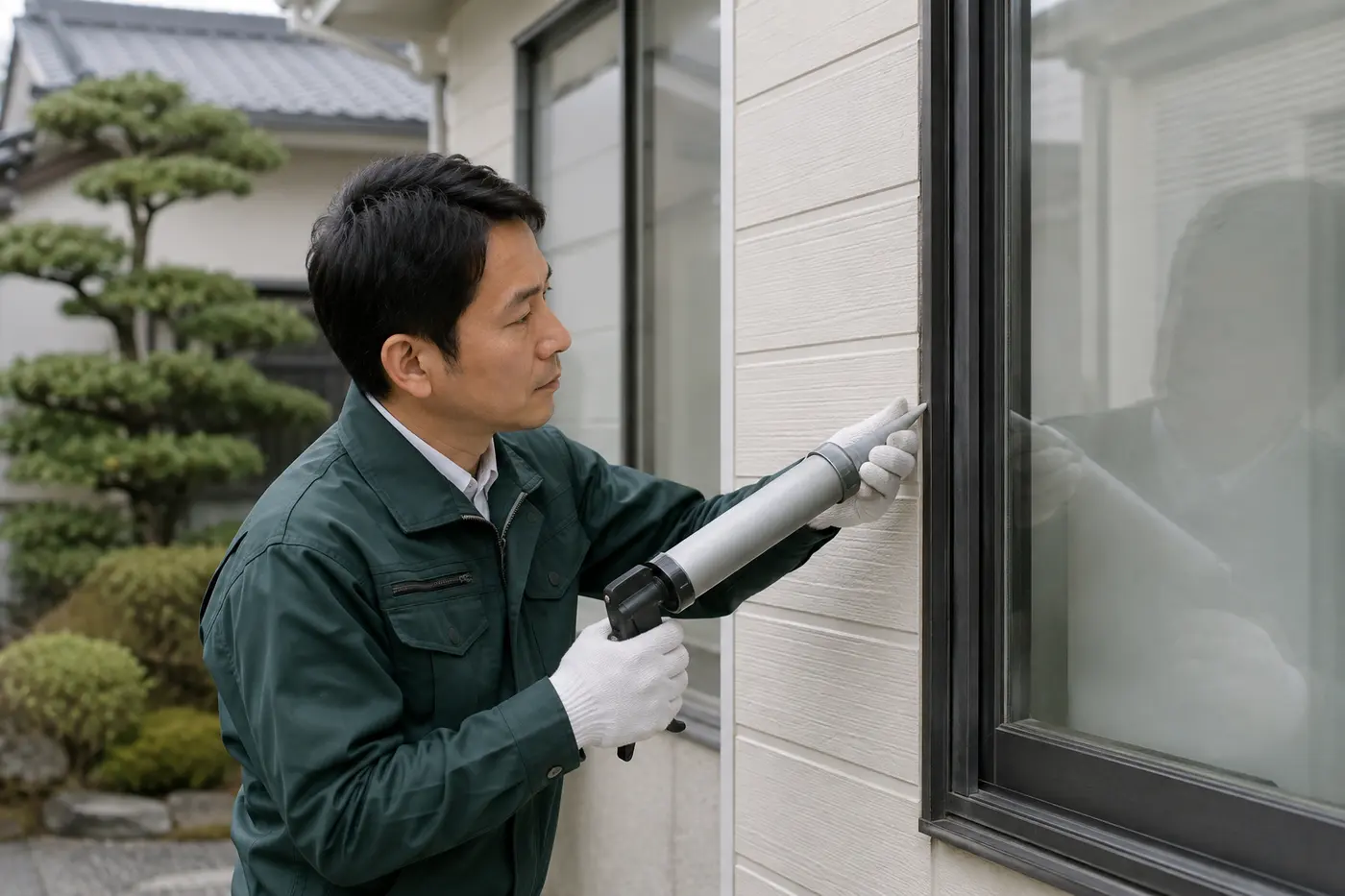 窓と外壁の接合部を補修するスタッフの施工イメージ