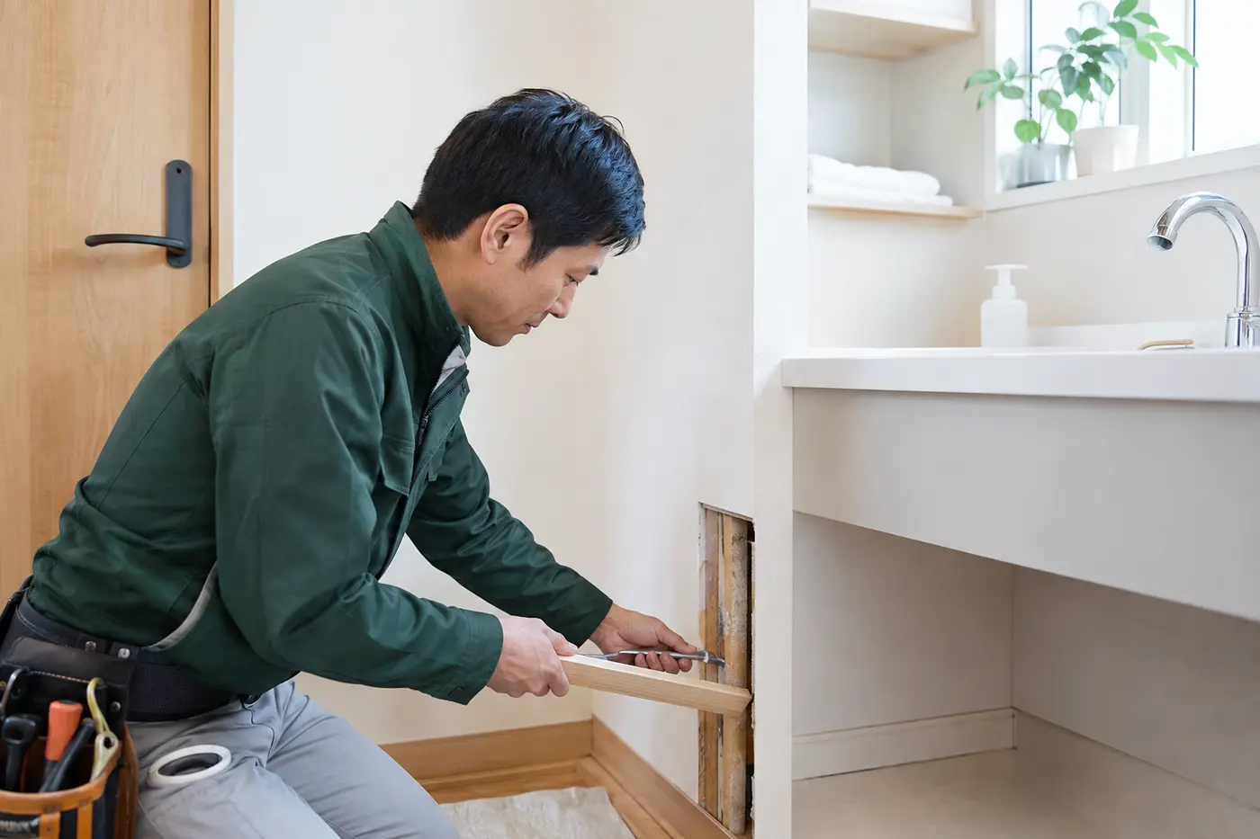 水回りの壁を部分補修するスタッフの施工イメージ