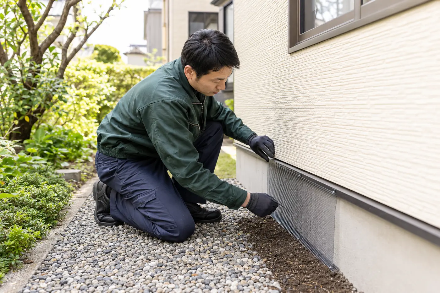 住宅外周の侵入口を封鎖する害獣対策スタッフの施工イメージ